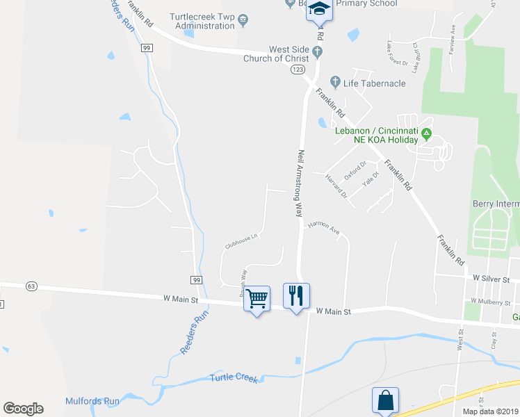 map of restaurants, bars, coffee shops, grocery stores, and more near 155 Clubhouse Lane in Lebanon