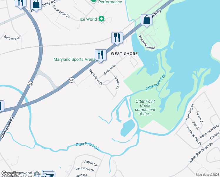 map of restaurants, bars, coffee shops, grocery stores, and more near 1015 Starboard Court in Edgewood