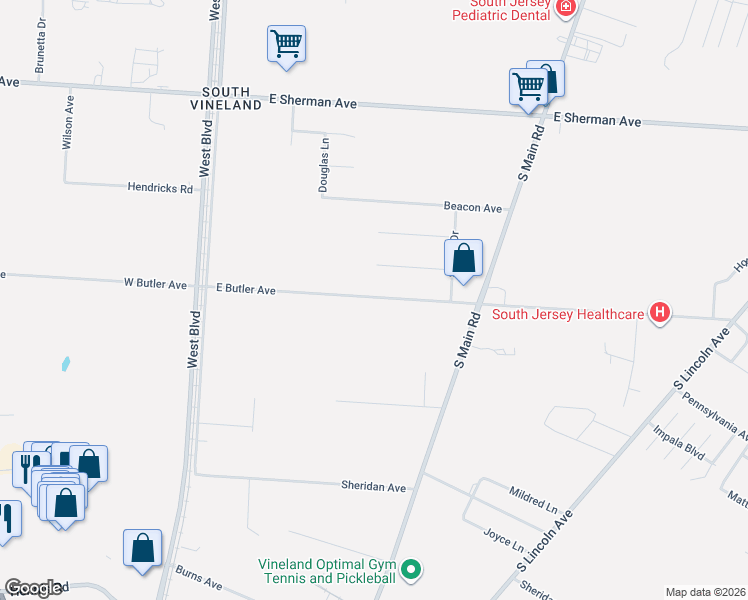 map of restaurants, bars, coffee shops, grocery stores, and more near 402 East Butler Avenue in Vineland