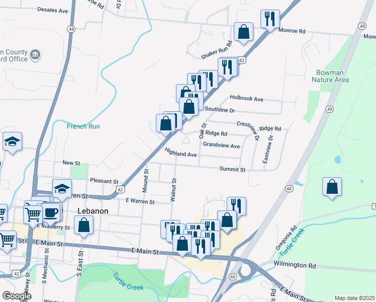 map of restaurants, bars, coffee shops, grocery stores, and more near 110 Highland Avenue in Lebanon