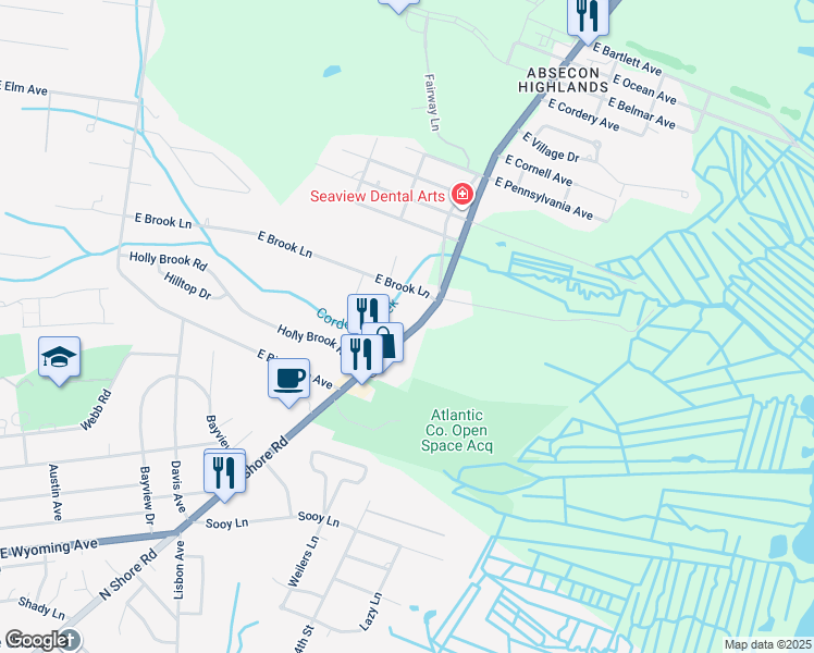 map of restaurants, bars, coffee shops, grocery stores, and more near 611 South New York Road in Galloway