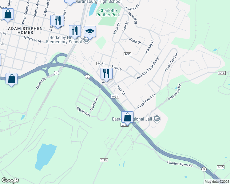 map of restaurants, bars, coffee shops, grocery stores, and more near 360 Hack Wilson Way in Martinsburg
