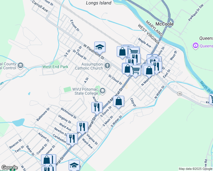 map of restaurants, bars, coffee shops, grocery stores, and more near 128 Spring Street in Keyser