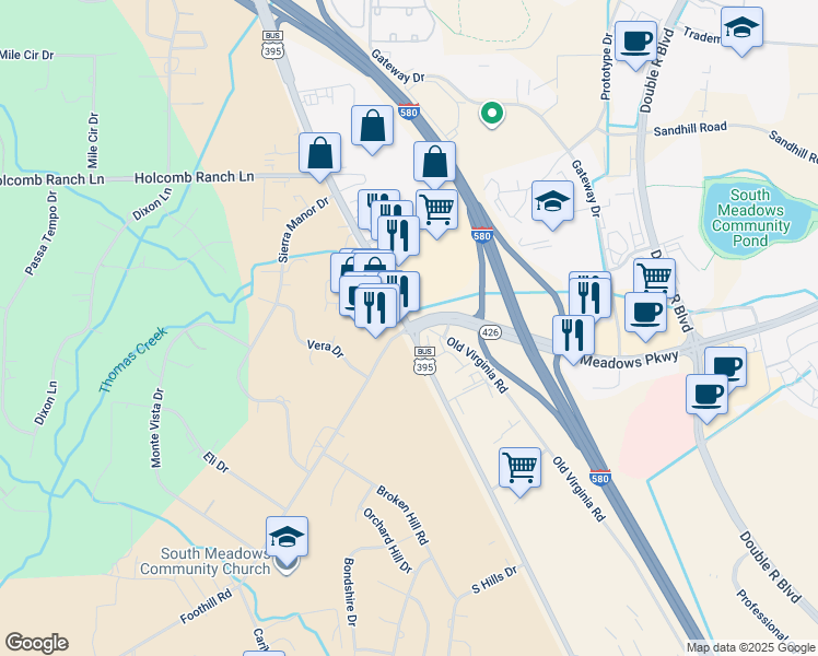 map of restaurants, bars, coffee shops, grocery stores, and more near 95 Foothill Road in Reno