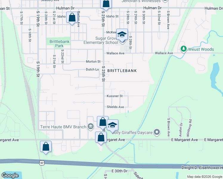 map of restaurants, bars, coffee shops, grocery stores, and more near 2601 26th Street in Terre Haute