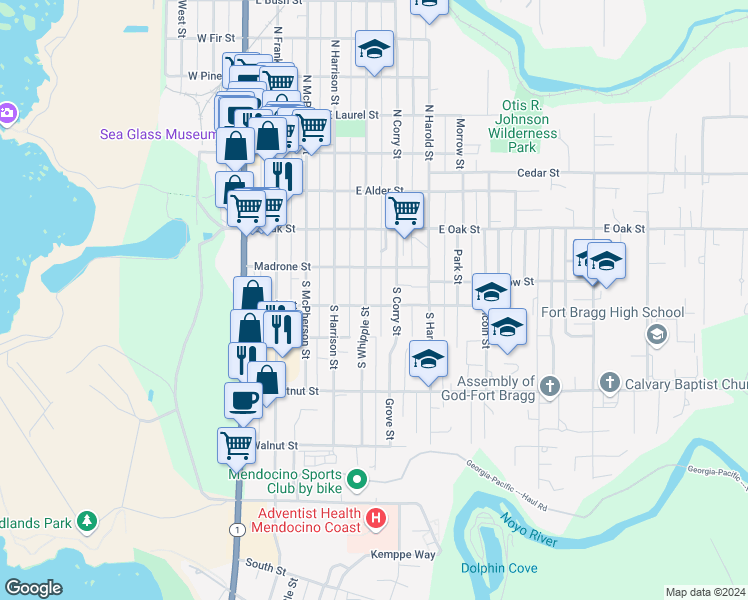 map of restaurants, bars, coffee shops, grocery stores, and more near 535 Maple Street in Fort Bragg