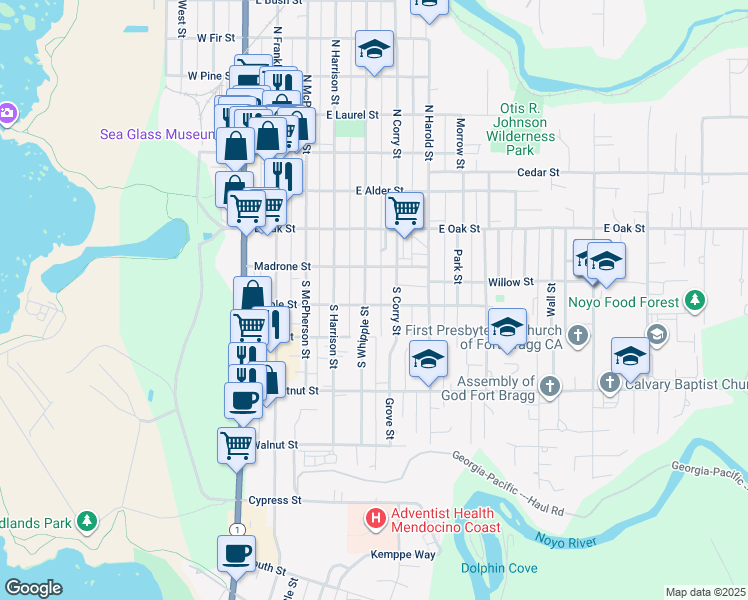 map of restaurants, bars, coffee shops, grocery stores, and more near 535 Maple Street in Fort Bragg