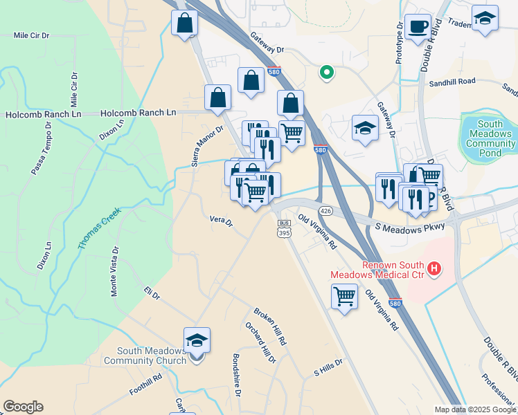 map of restaurants, bars, coffee shops, grocery stores, and more near 15 Foothill Road in Reno