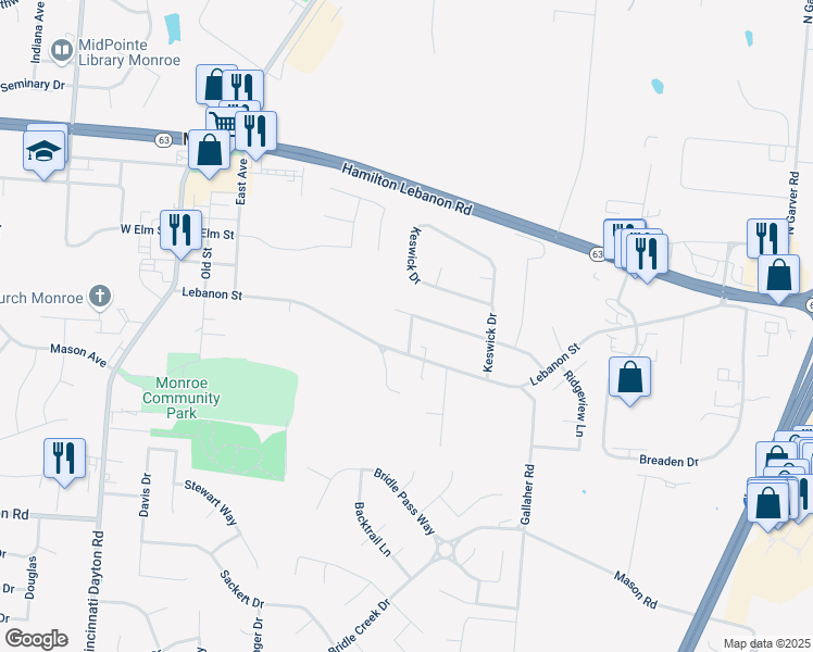 map of restaurants, bars, coffee shops, grocery stores, and more near 453 Austin Smith Drive in Monroe
