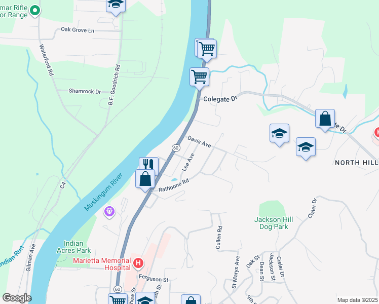map of restaurants, bars, coffee shops, grocery stores, and more near 203 Lee Avenue in Marietta
