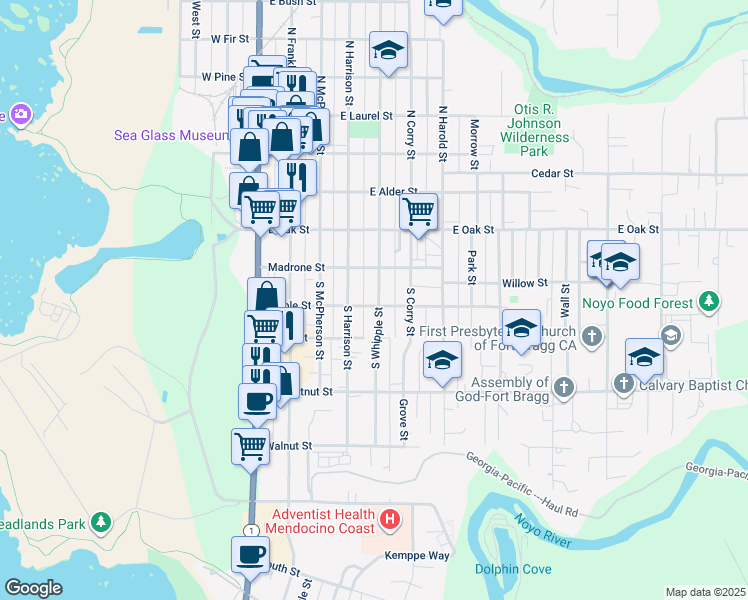 map of restaurants, bars, coffee shops, grocery stores, and more near 299 South Whipple Street in Fort Bragg