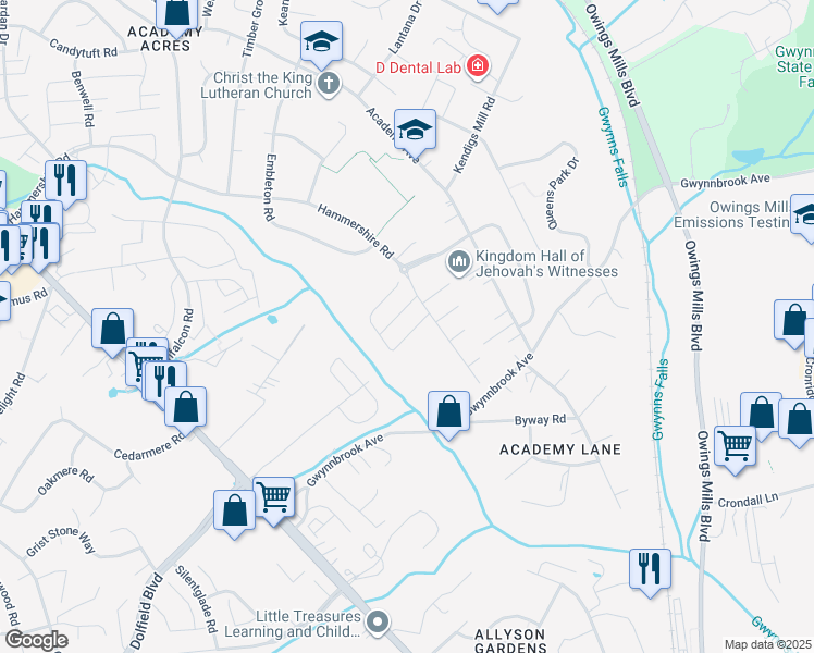map of restaurants, bars, coffee shops, grocery stores, and more near 972 Joshua Tree Court in Owings Mills