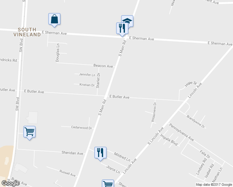 map of restaurants, bars, coffee shops, grocery stores, and more near 714 East Butler Avenue in Vineland