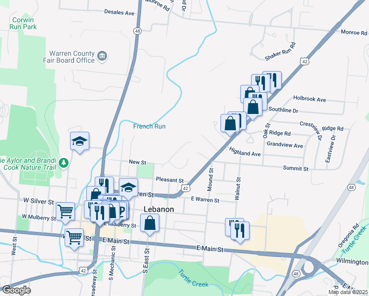 map of restaurants, bars, coffee shops, grocery stores, and more near 20 North Lane in Lebanon