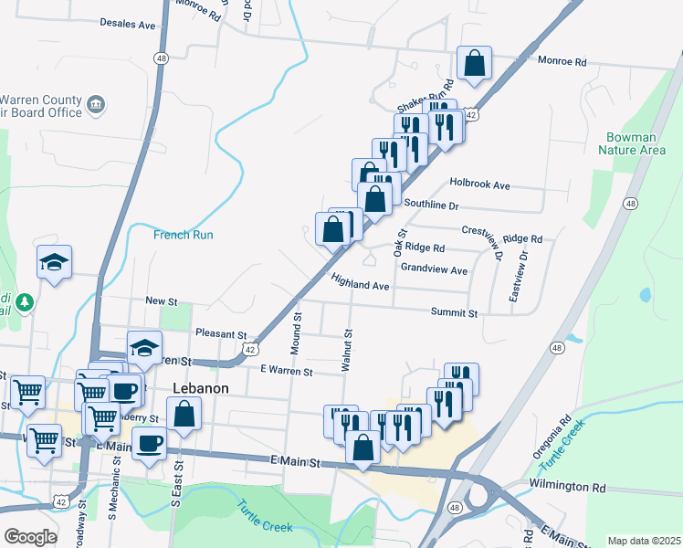 map of restaurants, bars, coffee shops, grocery stores, and more near 4 Highland Ave in Lebanon