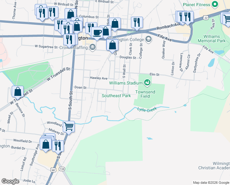 map of restaurants, bars, coffee shops, grocery stores, and more near 346 Doan Street in Wilmington