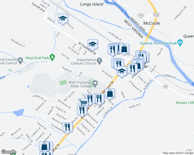 map of restaurants, bars, coffee shops, grocery stores, and more near 128 Spring Street in Keyser