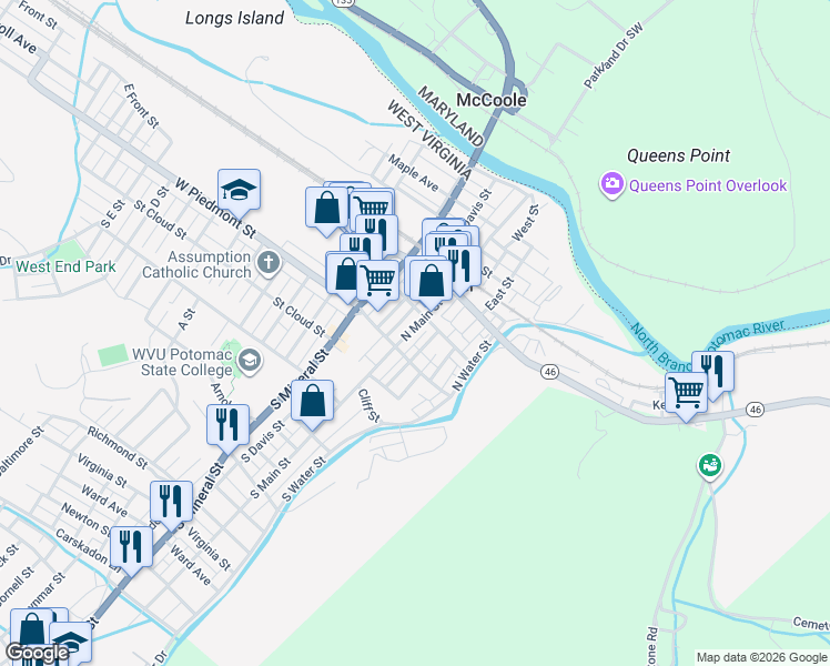 map of restaurants, bars, coffee shops, grocery stores, and more near 40 North Main Street in Keyser
