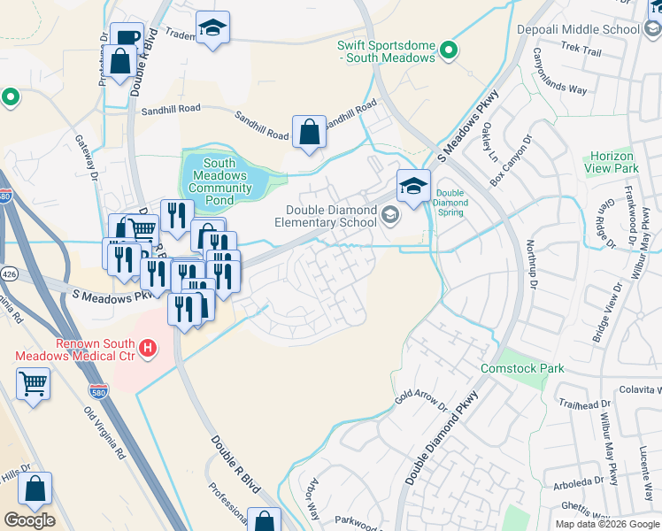 map of restaurants, bars, coffee shops, grocery stores, and more near 9646 Otter Way in Reno