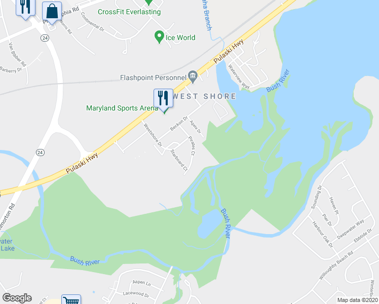 map of restaurants, bars, coffee shops, grocery stores, and more near 940 Pirates Court in Edgewood