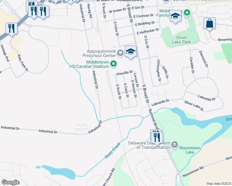 map of restaurants, bars, coffee shops, grocery stores, and more near 822 South Scott Street in Middletown
