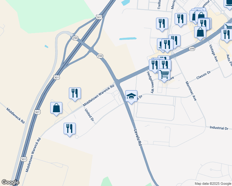 map of restaurants, bars, coffee shops, grocery stores, and more near 840 Middletown Warwick Road in Middletown