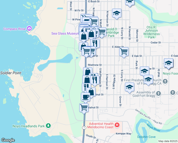 map of restaurants, bars, coffee shops, grocery stores, and more near 250 South Main Street in Fort Bragg