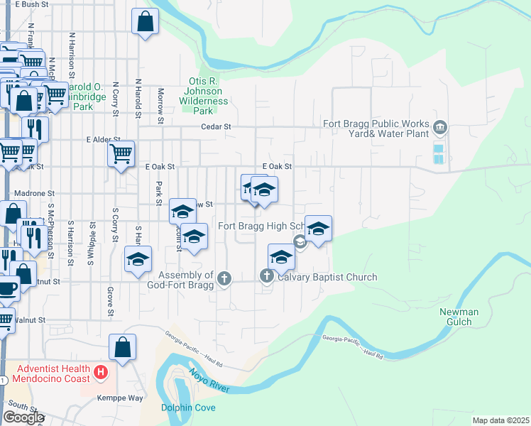 map of restaurants, bars, coffee shops, grocery stores, and more near 1197 East Chestnut Street in Fort Bragg