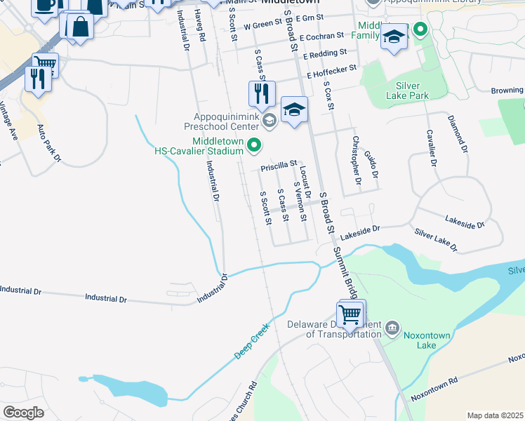 map of restaurants, bars, coffee shops, grocery stores, and more near 822 South Scott Street in Middletown