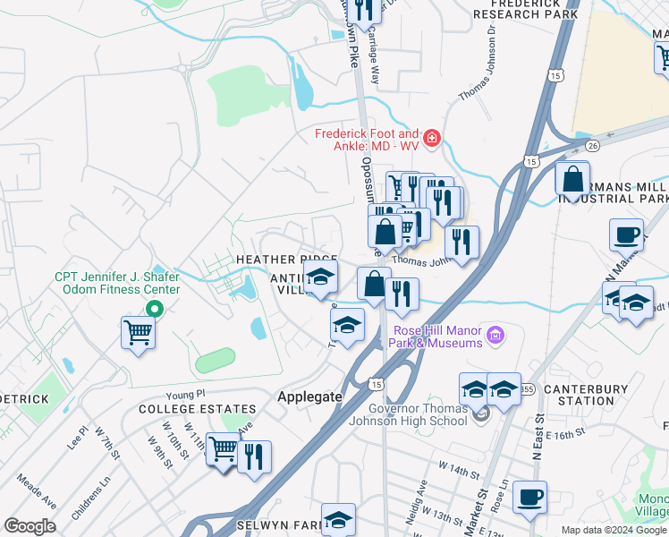 map of restaurants, bars, coffee shops, grocery stores, and more near 1001 Heather Ridge Drive in Frederick