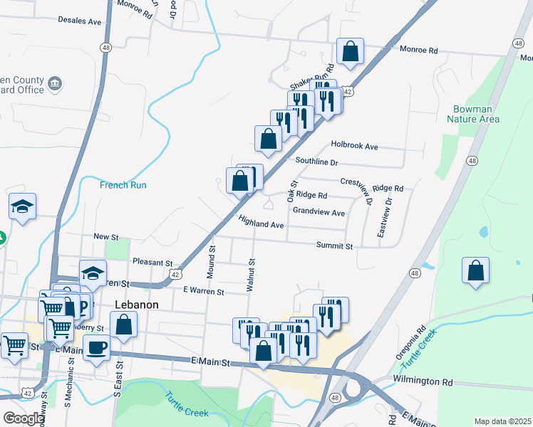 map of restaurants, bars, coffee shops, grocery stores, and more near 110 Highland Avenue in Lebanon