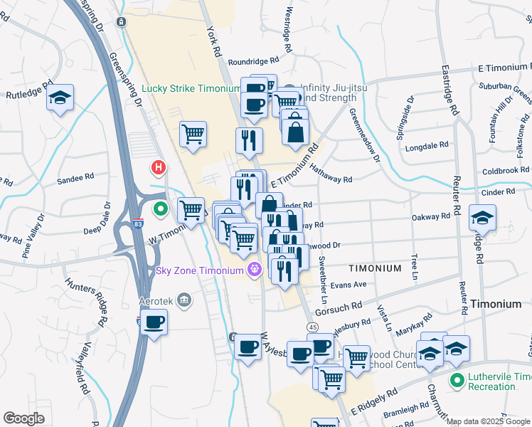 map of restaurants, bars, coffee shops, grocery stores, and more near 2070 Maryland 45 in Lutherville-Timonium