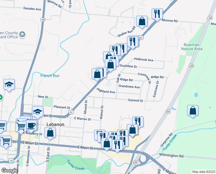 map of restaurants, bars, coffee shops, grocery stores, and more near 110 Highland Avenue in Lebanon
