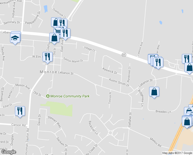 map of restaurants, bars, coffee shops, grocery stores, and more near 453 Austin Smith Drive in Monroe