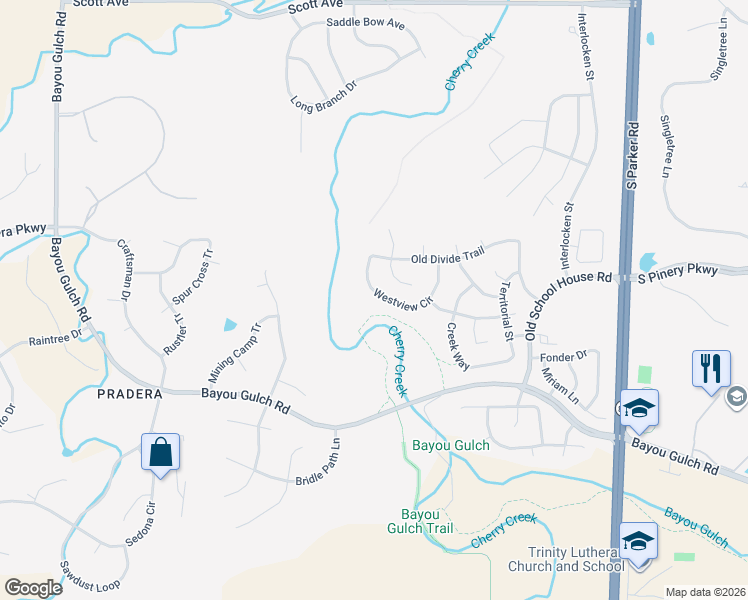map of restaurants, bars, coffee shops, grocery stores, and more near 6243 Westview Circle in Parker