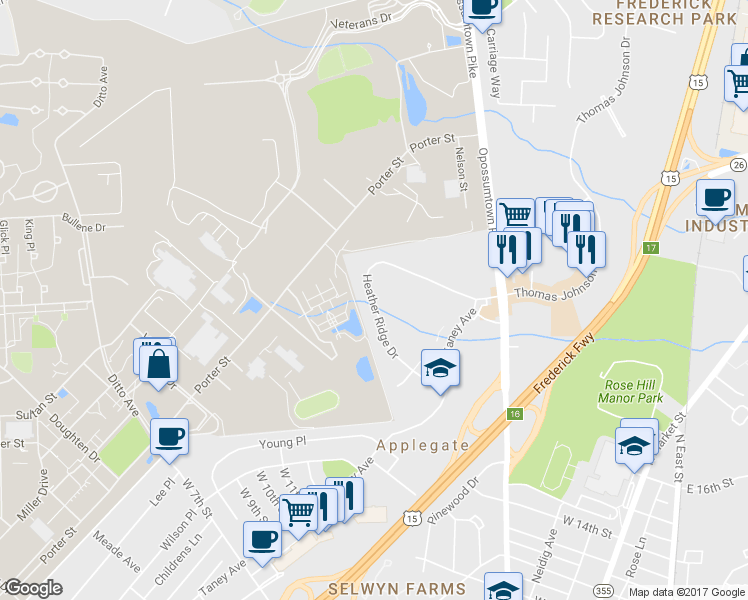 map of restaurants, bars, coffee shops, grocery stores, and more near 531 Heather Ridge Drive in Frederick