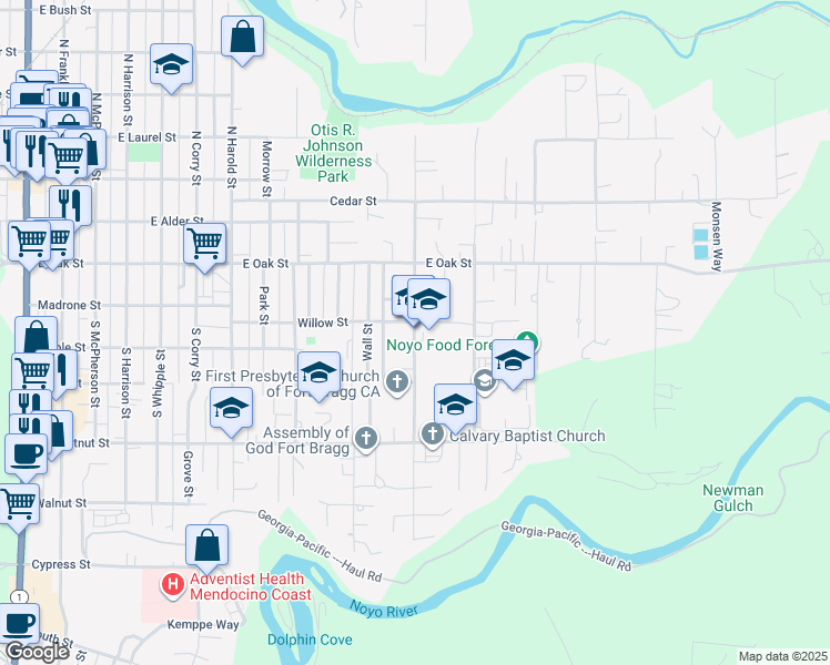 map of restaurants, bars, coffee shops, grocery stores, and more near 250 South Sanderson Way in Fort Bragg
