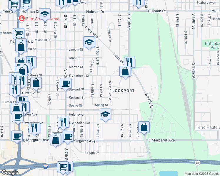 map of restaurants, bars, coffee shops, grocery stores, and more near 2501 South 11th 1/2 Street in Terre Haute