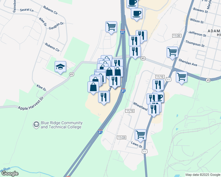 map of restaurants, bars, coffee shops, grocery stores, and more near Retail Commons Parkway in Martinsburg