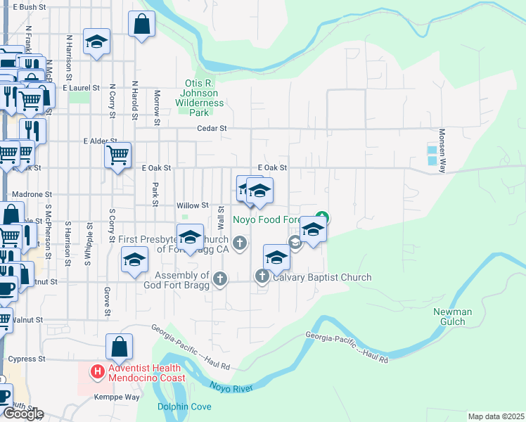 map of restaurants, bars, coffee shops, grocery stores, and more near 250 South Sanderson Way in Fort Bragg