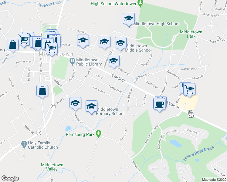 map of restaurants, bars, coffee shops, grocery stores, and more near 102 Linden Boulevard in Middletown