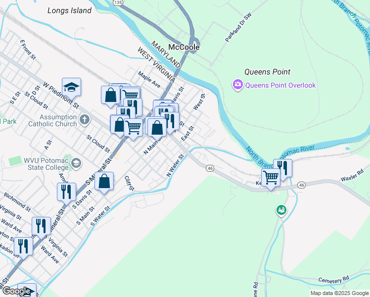 map of restaurants, bars, coffee shops, grocery stores, and more near 191 Armstrong Street in Keyser