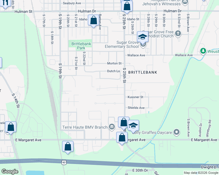 map of restaurants, bars, coffee shops, grocery stores, and more near 2591 South 25th Street in Terre Haute