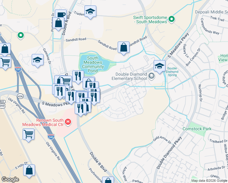 map of restaurants, bars, coffee shops, grocery stores, and more near 900 South Meadows Parkway in Reno