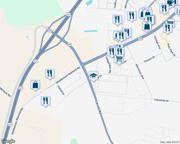 map of restaurants, bars, coffee shops, grocery stores, and more near 224 Celebration Court in Middletown