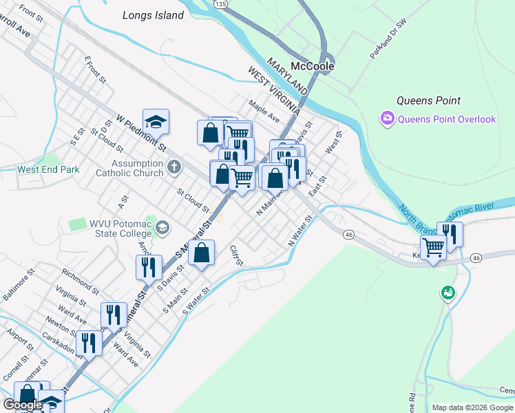 map of restaurants, bars, coffee shops, grocery stores, and more near 40 North Main Street in Keyser