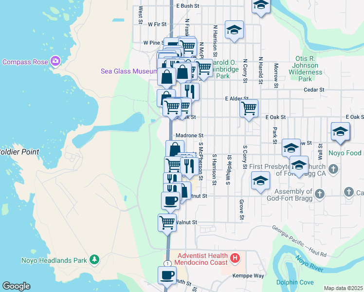 map of restaurants, bars, coffee shops, grocery stores, and more near 250 South Main Street in Fort Bragg