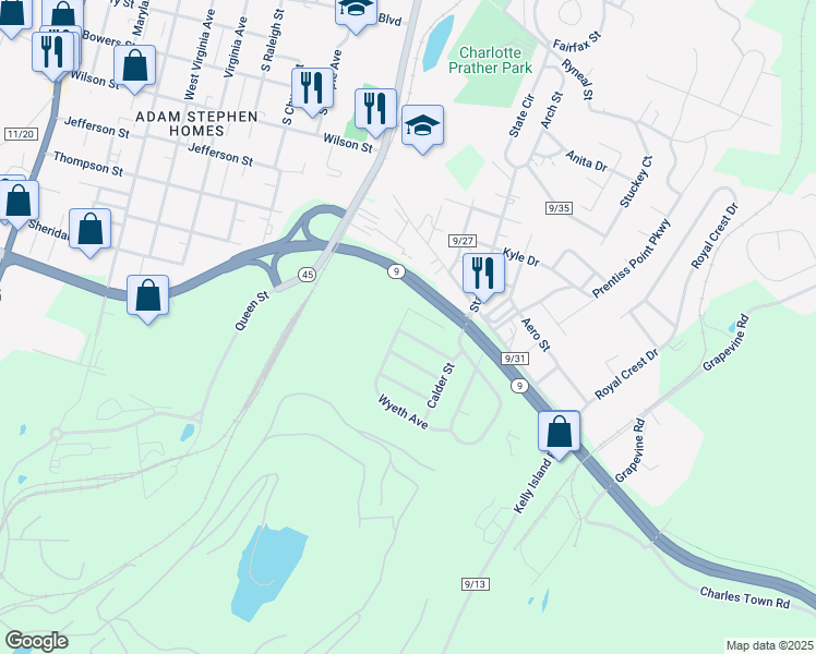 map of restaurants, bars, coffee shops, grocery stores, and more near 116 Cassatt Lane in Martinsburg