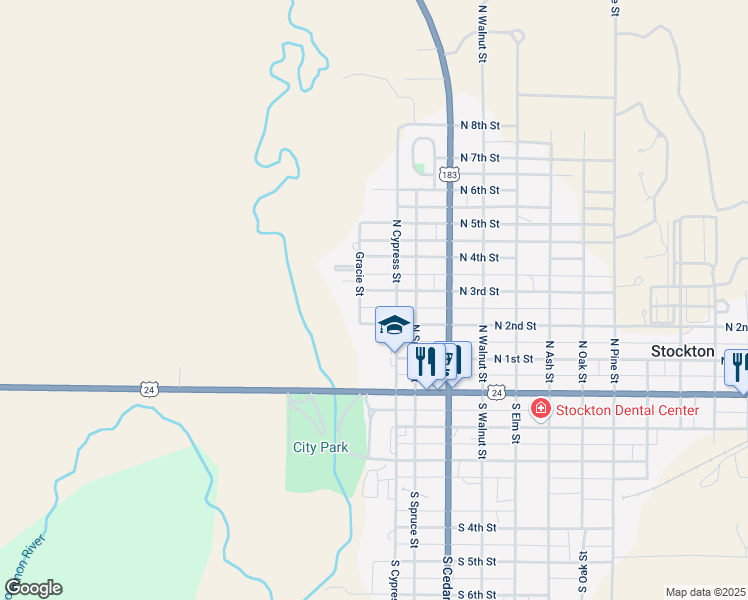 map of restaurants, bars, coffee shops, grocery stores, and more near 351-399 Gracie Street in Stockton
