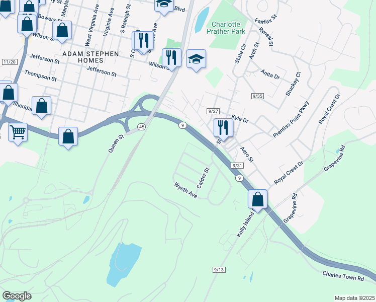 map of restaurants, bars, coffee shops, grocery stores, and more near 116 Cassatt Lane in Martinsburg